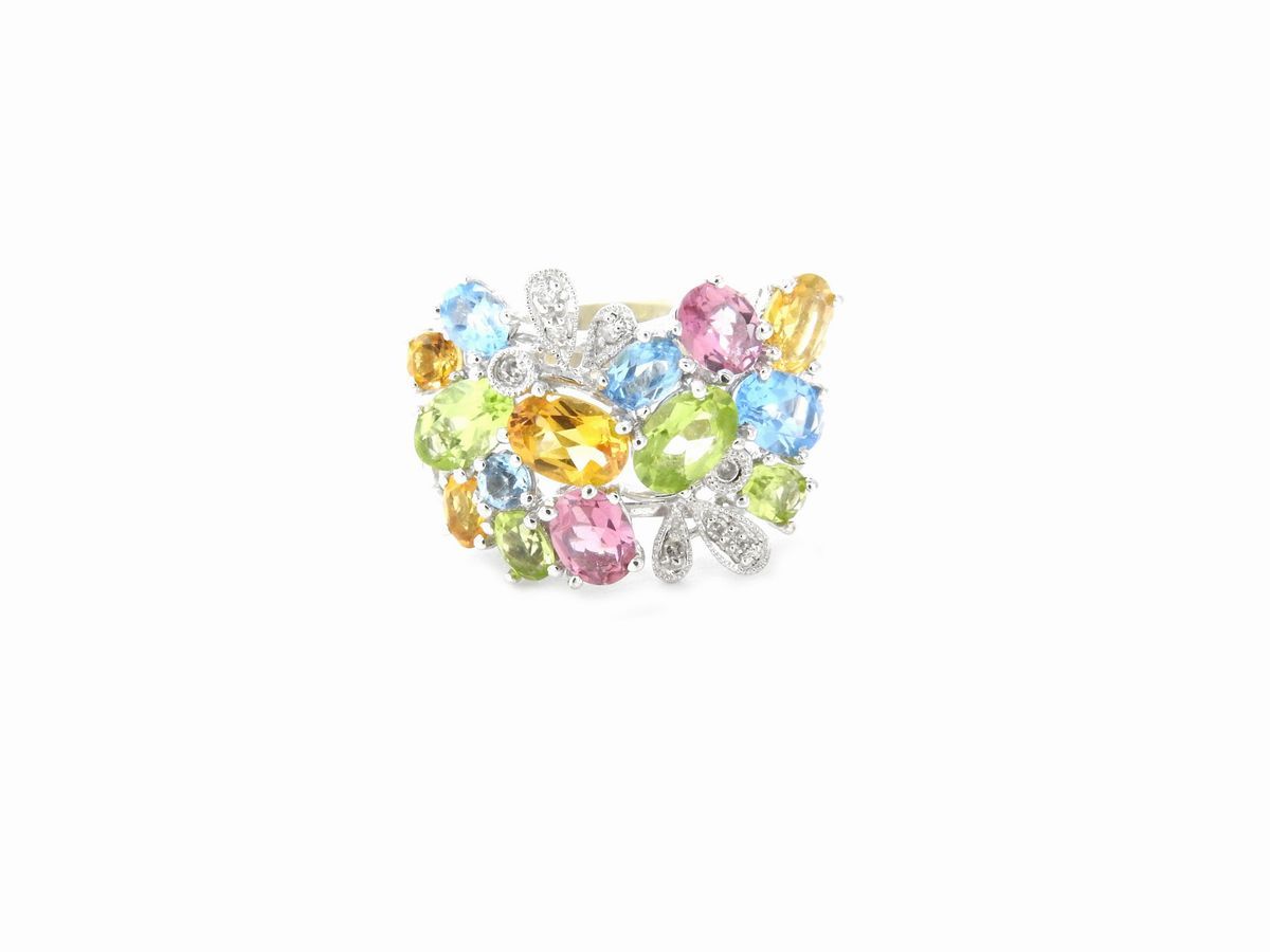 Demi Parure Anello e Bracciale in Oro Bianco 585/1000 con Diamanti e Gemme Multicolor