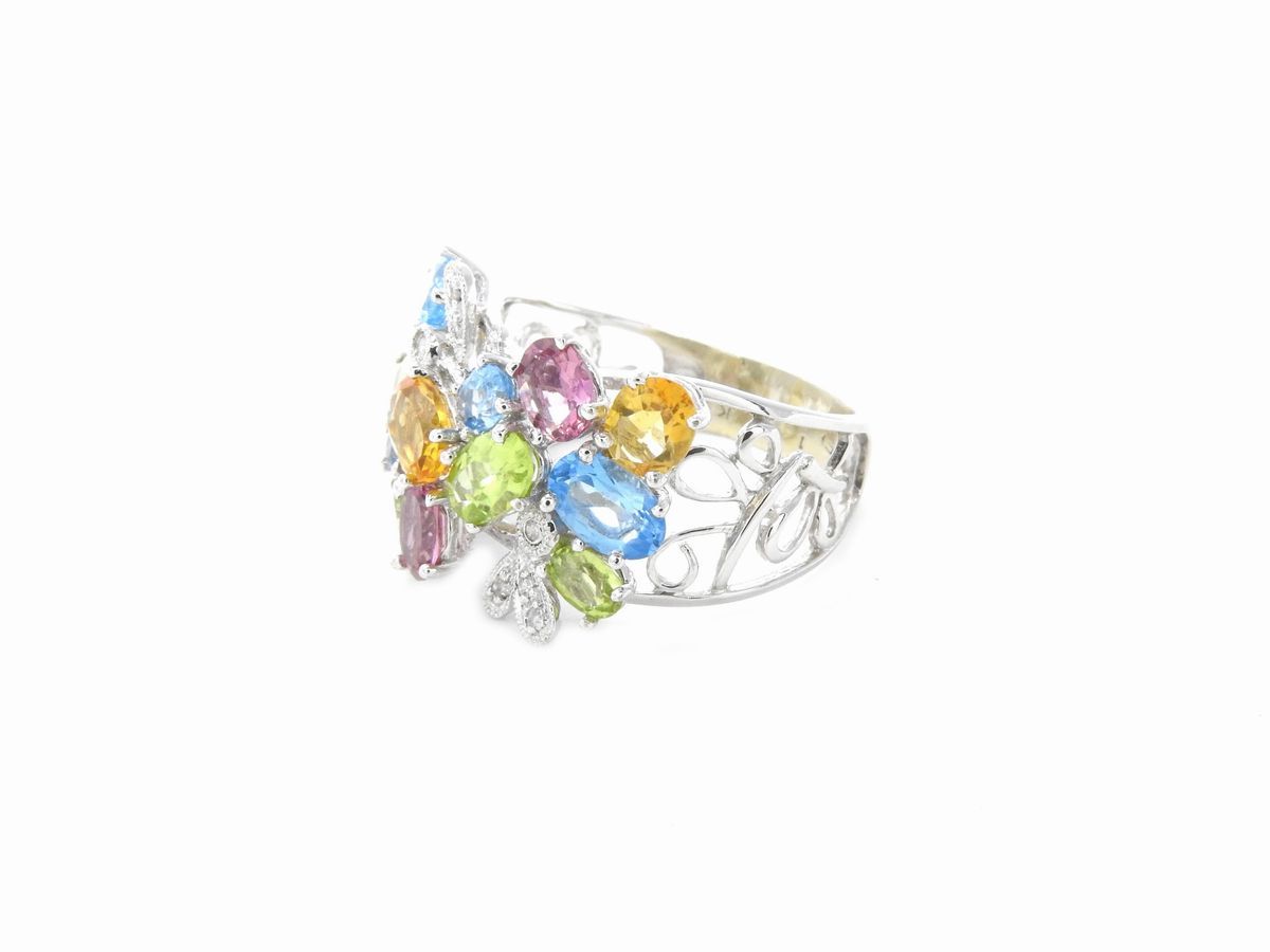 Demi Parure Anello e Bracciale in Oro Bianco 585/1000 con Diamanti e Gemme Multicolor