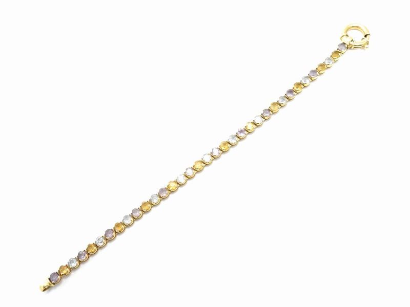 Bracciale in Oro Giallo con Topazi Azzurri, Quarzi Varietà Ametista e Quarzi Varietà Citrino