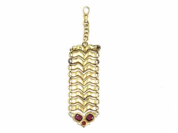 Yellow gold chatelaine for pocket watch with garnets