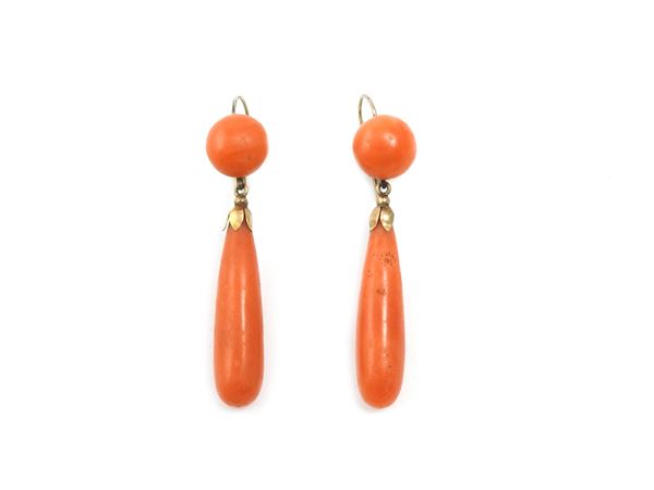 Low alloy gold  pendant earrings with red orange coral