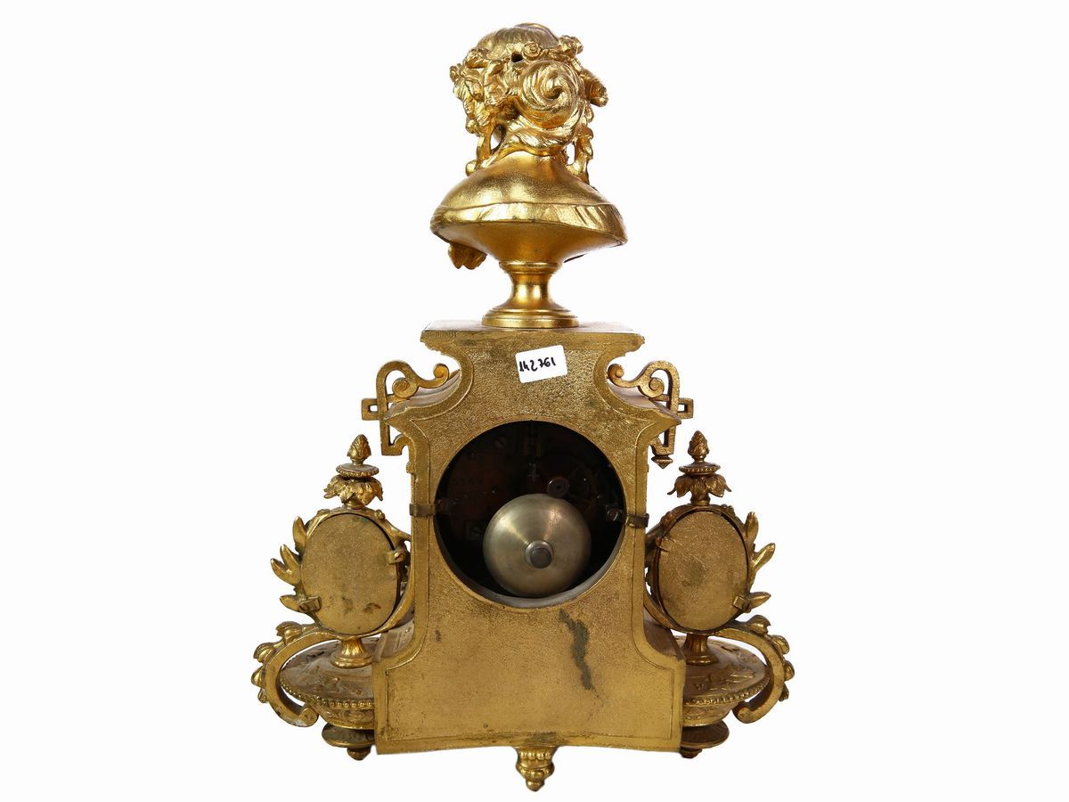 Orologio da Tavolo in Bronzo Dorato e Porcellana Policroma
