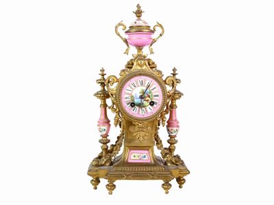 Orologio da Tavolo in Bronzo Dorato e Porcellana Policroma