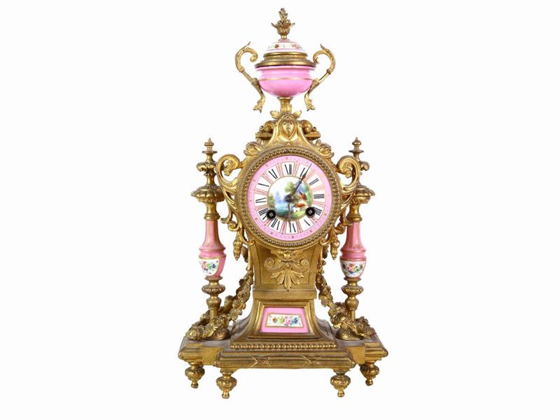 Orologio da Tavolo in Bronzo Dorato e Porcellana Policroma