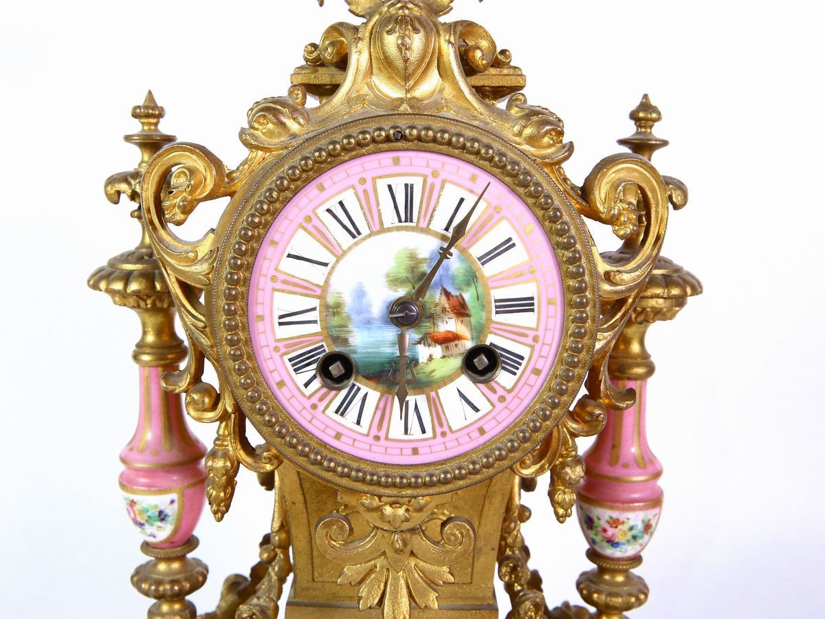 Orologio da Tavolo in Bronzo Dorato e Porcellana Policroma