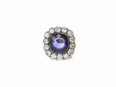 Anello in Oro Giallo e Argento con Diamanti e Zaffiro Sintetico