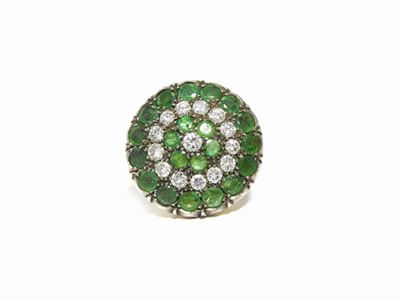Anello in Oro Giallo e Argento con Diamanti e Smeraldi