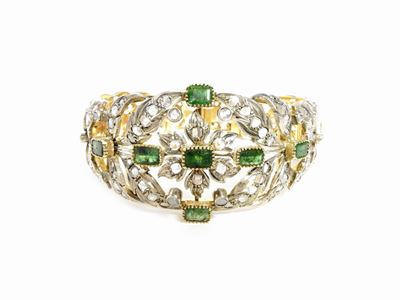 Bracciale in Oro Giallo e Argento con Diamanti e Smeraldi