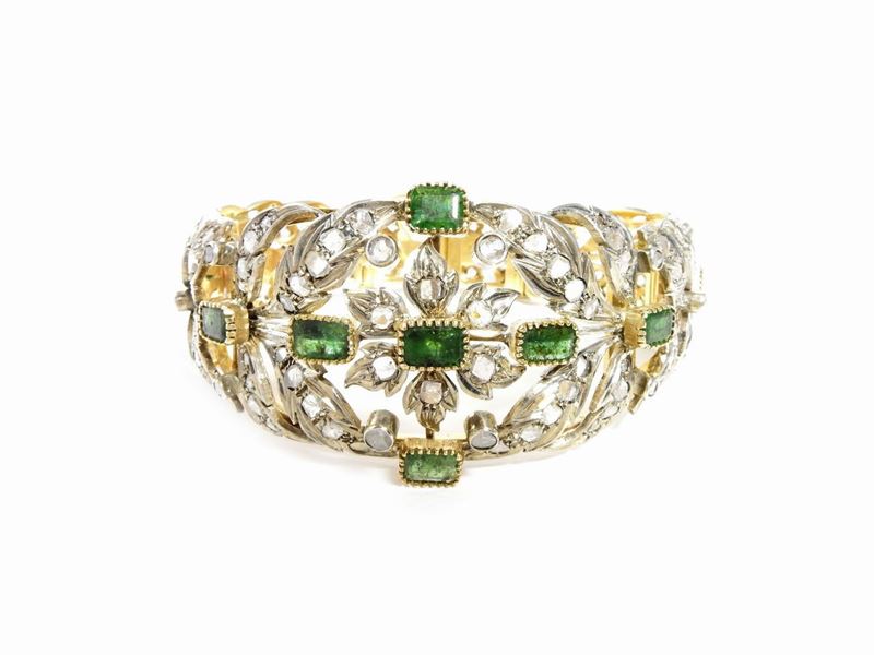 Bracciale in Oro Giallo e Argento con Diamanti e Smeraldi
