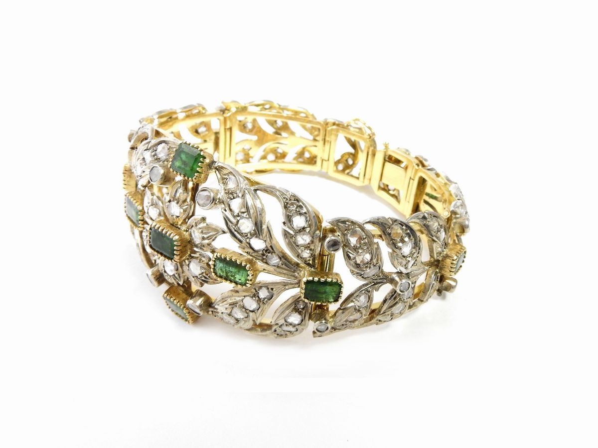 Bracciale in Oro Giallo e Argento con Diamanti e Smeraldi