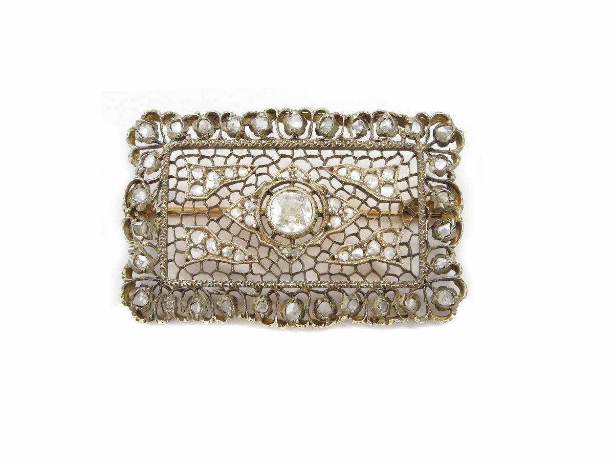 Spilla Mario Buccellati in Oro Giallo e Argento con Diamanti