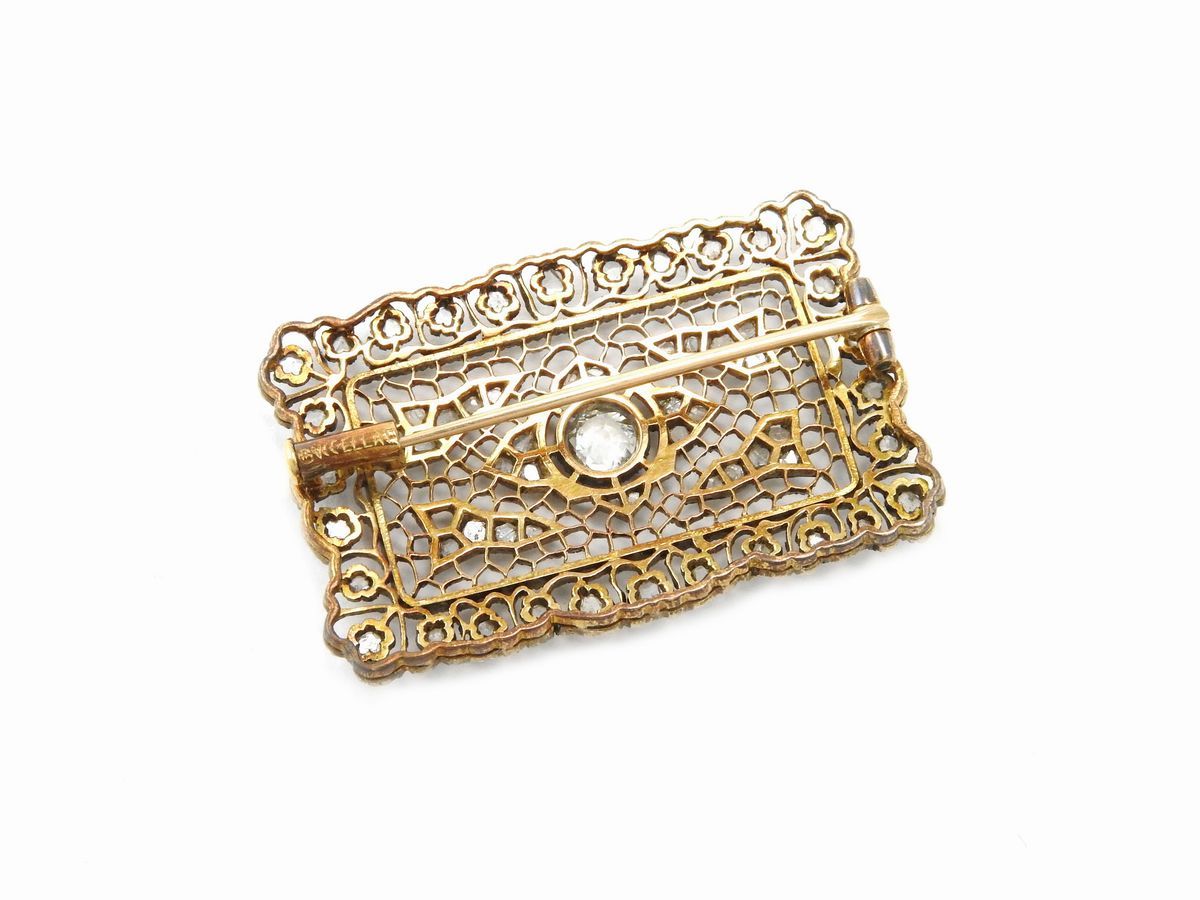 Spilla Mario Buccellati in Oro Giallo e Argento con Diamanti