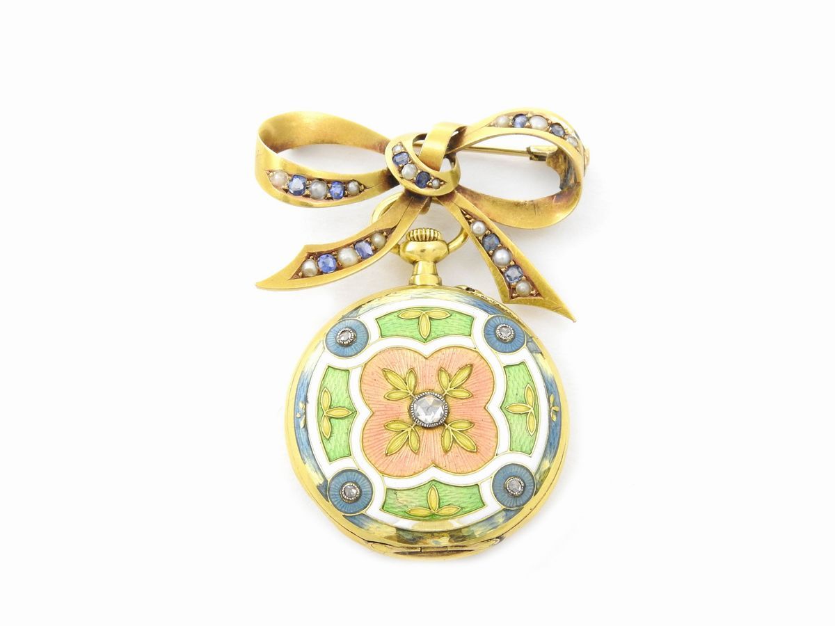 Spilla Orologio Pendente in Oro Giallo con Diamanti, Zaffiri, Microperle e Smalti Policromi