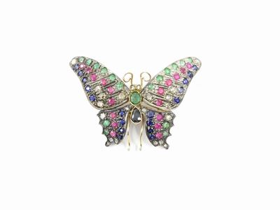 Spilla Animalier in Oro Giallo 585/1000 e Argento con Diamanti, Rubini , Zaffiri e Smeraldi