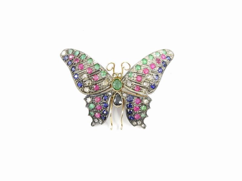 Spilla Animalier in Oro Giallo 585/1000 e Argento con Diamanti, Rubini , Zaffiri e Smeraldi