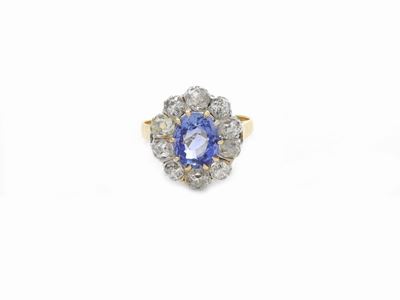 Anello Margherita in Oro Giallo e Argento con Diamanti e Zaffiro