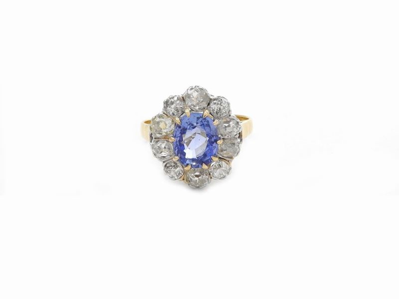Anello Margherita in Oro Giallo e Argento con Diamanti e Zaffiro
