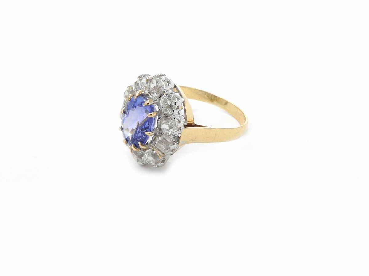 Anello Margherita in Oro Giallo e Argento con Diamanti e Zaffiro
