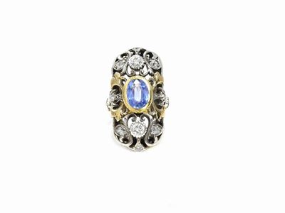 Anello in Oro Giallo e Argento con Diamanti e Zaffiro
