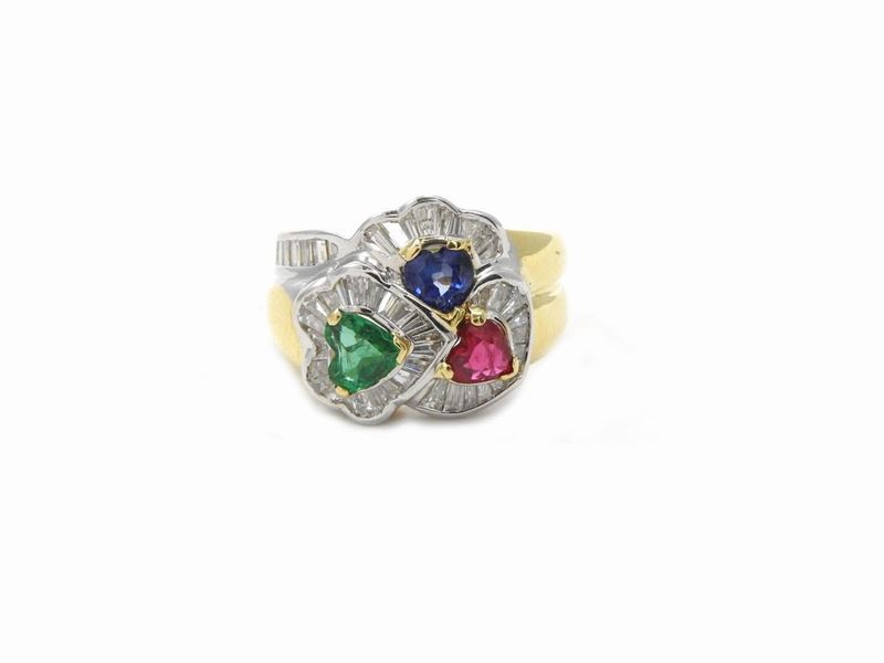Anello in Oro Bianco e Giallo con Diamanti, Rubino, Zaffiro e Smeraldo