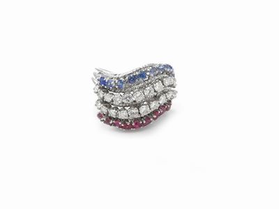 Anello a Fascia in Oro Bianco con Diamanti Rubini e Zaffiri
