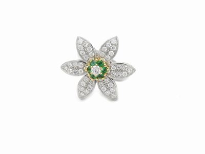 Anello in Oro Bianco e Giallo con Diamanti e Smeraldi
