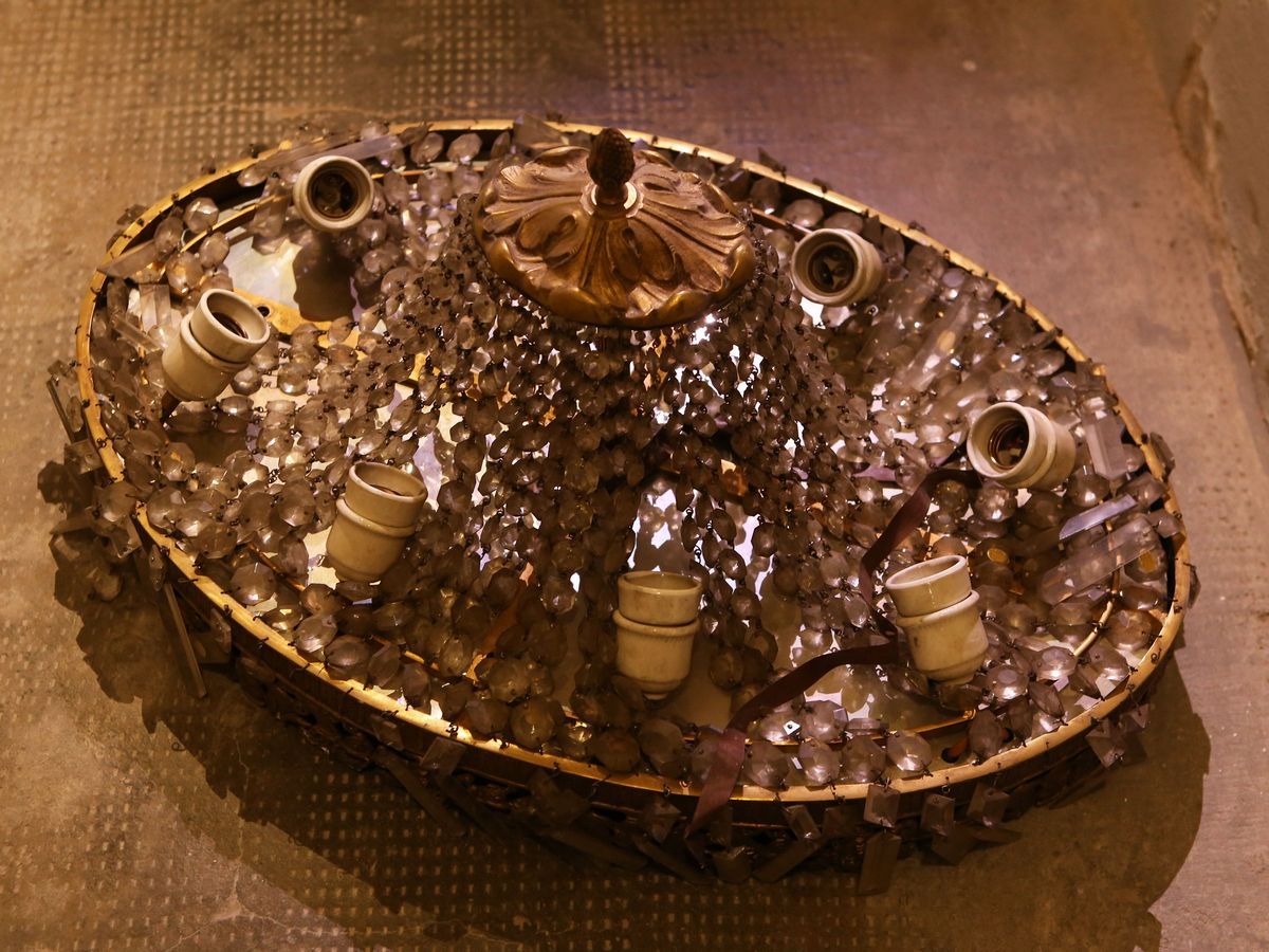 Plafoniera a Paniere in Bronzo Dorato e Vetro