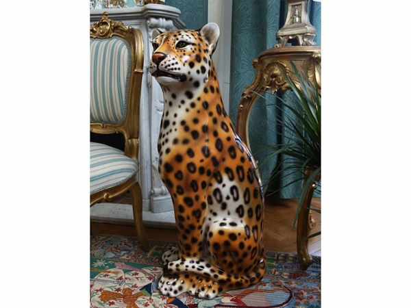 Life-size leopard in polychrome earthenware from Bassano