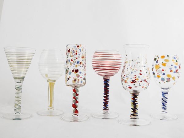 Sei bicchieri da collezione in vetro soffiato multicolore, Massimo Lunardon
