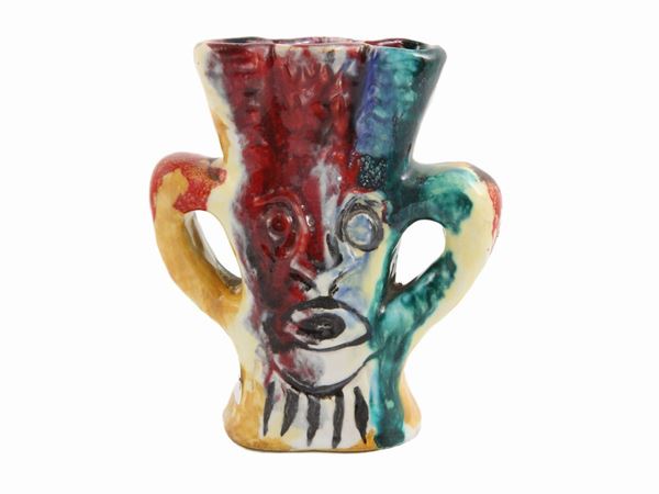 Piccolo vaso antropomorfo in ceramica policroma, Minghetti