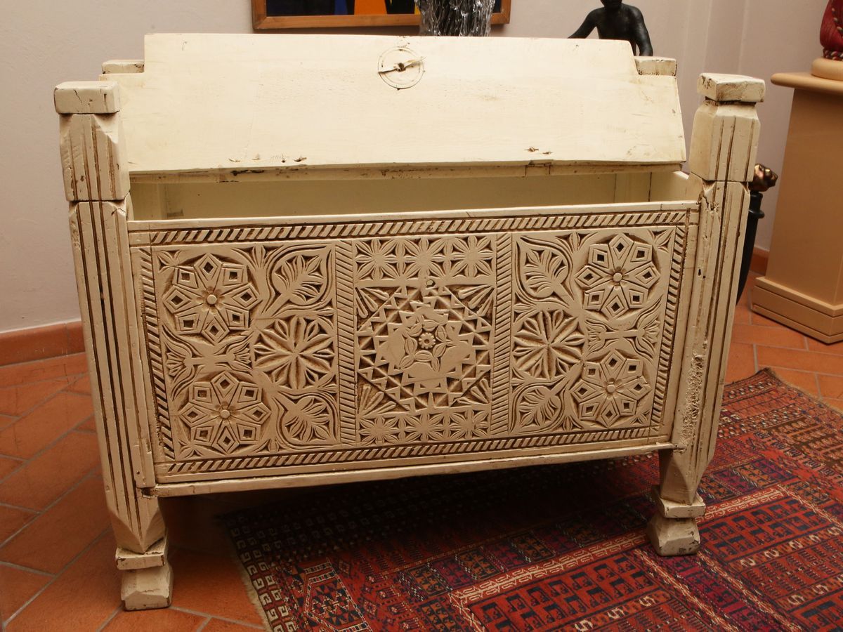 Cassapanca Etnica in Legno Laccato Bianco