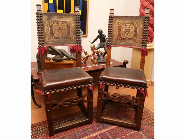Pair of high chairs and pair of walnut chairs