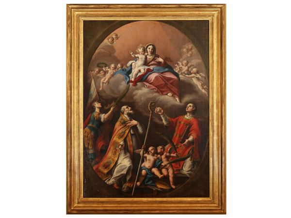 Scuola marchigiana del XVII/XVIII secolo - Apparizione della Madonna con Bambino ai Santi Eustachio, Agostino e Stefano