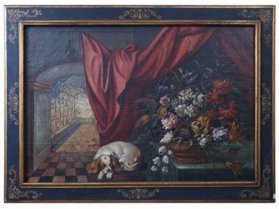 Natura Morta con Cane e Vaso di Fiori