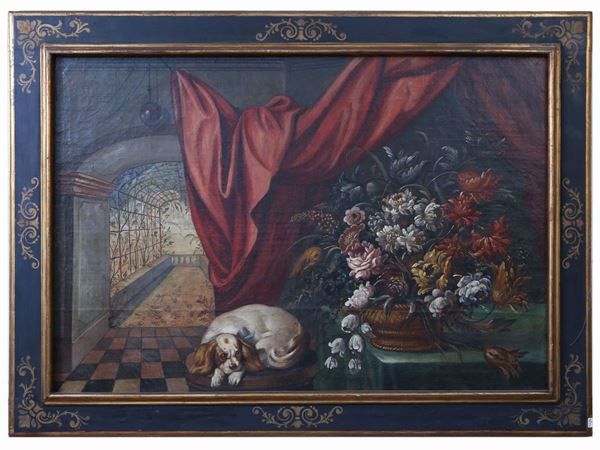 Maniera della pittura del XVII/XVIII secolo - Natura morta con cane e vaso di fiori