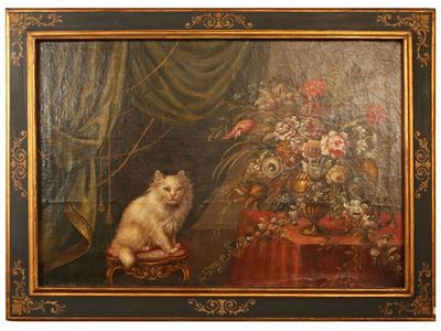 Natura Morta con Gatto e Trionfo di Fiori