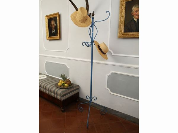 Coat stand in light blue lacquered metal