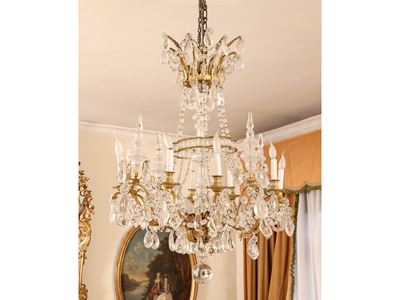 Grande Lampadario in Bronzo Dorato e Cristallo