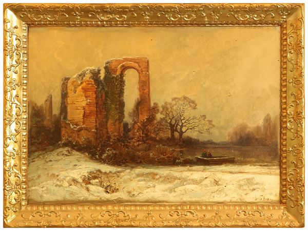 Snowy landscape with ruins