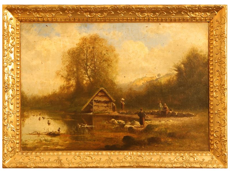 Louis-françois Thomas - Paesaggio Fluvile con Lavandaie