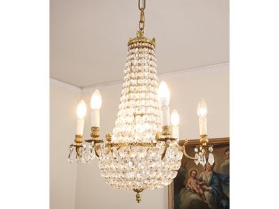 Lampadario a Paniere in Metallo Dorato e Cristallo