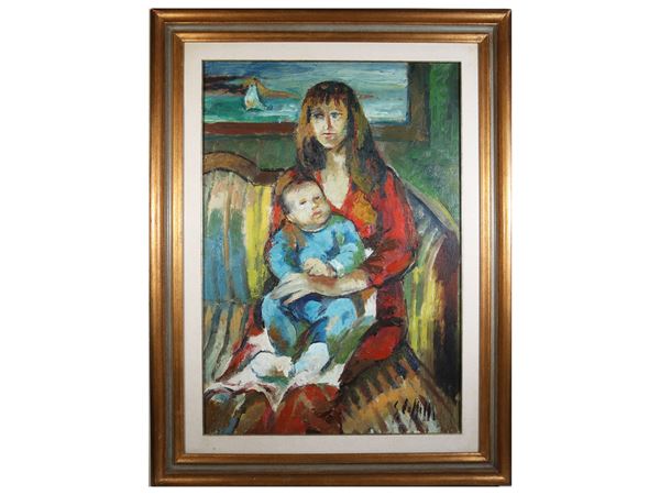 Emanuele Cappello : Ritratto di donna con bambino  - Asta L'Arte di Arredare - Maison Bibelot - Casa d'Aste Firenze - Milano