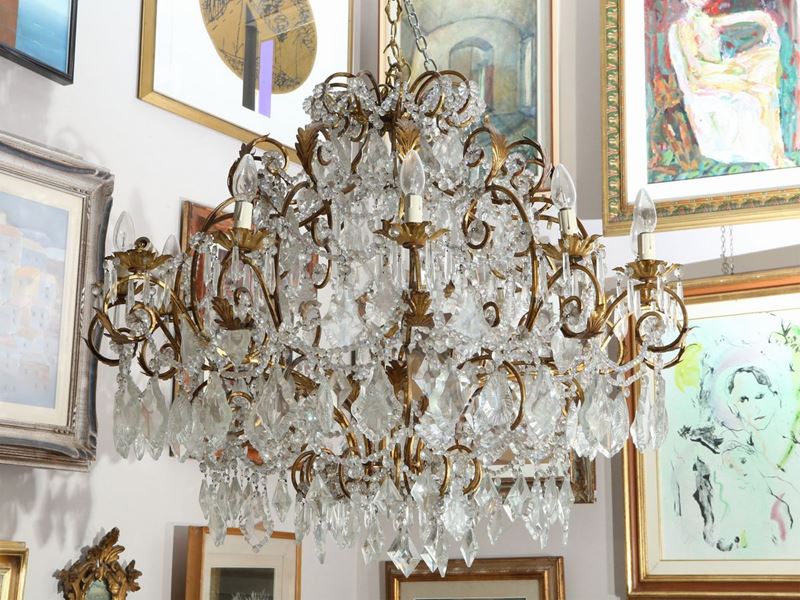 Grande Lampadario a Paniere in Metallo Dorato e Cristallo