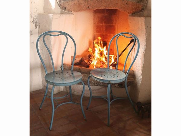 Set of four garden chairs in turquoise painted iron