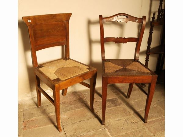 Three rustic walnut chairs