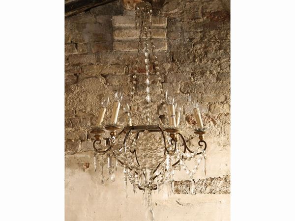 Basket chandelier in metal and glass