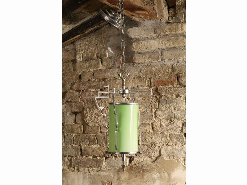 Lanterna in Metallo Cromato e Vetro Verde