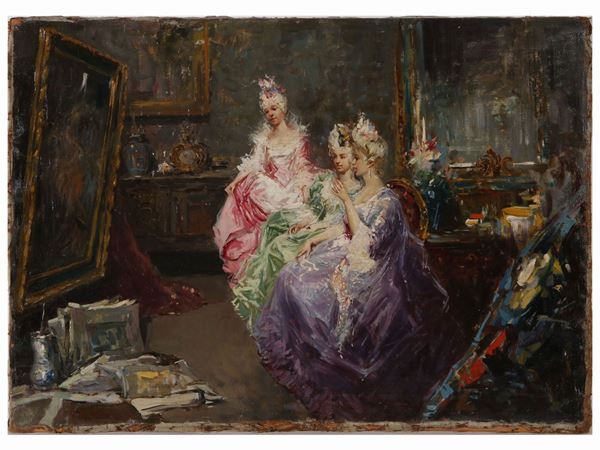 Scuola dell'Italia meridionale - Interior view with ladies in eighteenth-century dresses