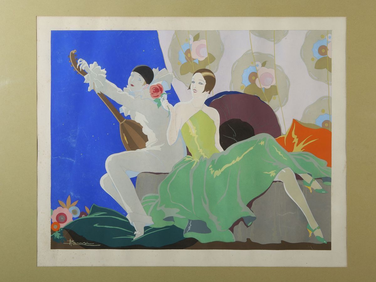Adolfo Busi - Donna con Pierrot Suonatore di Mandola 1926
