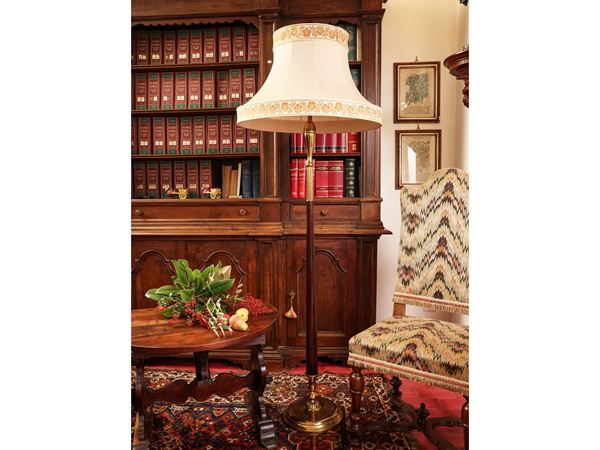 Brass and wood floor lamp